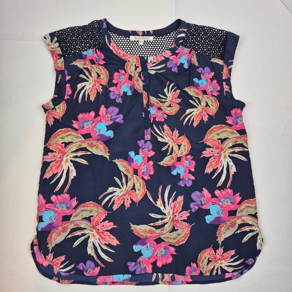 Black Rainn Women's L Floral Blouse Lot of 2 Boho Tops Short Sleeve Mesh Casual - Picture 6 of 16